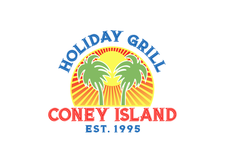 Earlier Holiday Grill Coney Island logo with palm trees, est. 1995