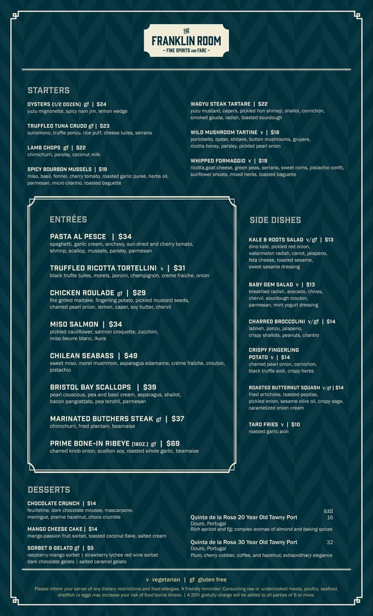 Franklin Chop House 21 - Dining Menu