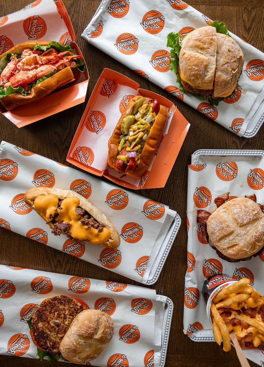 Overhead shot of multiple platters of food