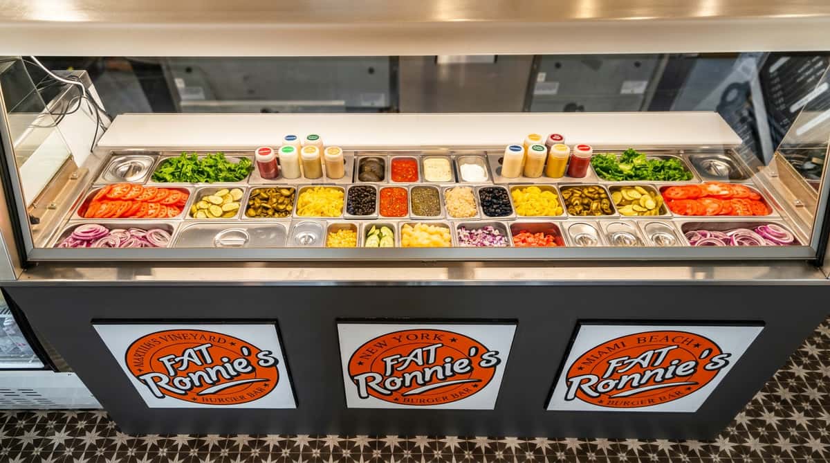 A burger bar toppings station with various fresh vegetables, sauces, and condiments.
