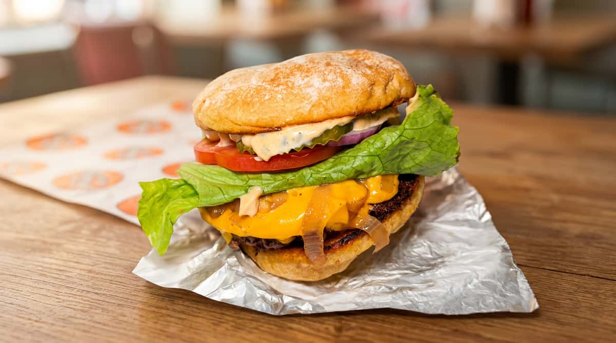 Cheeseburger with melted cheese, lettuce, tomato, pickles, onions, and sauce on a bun.
