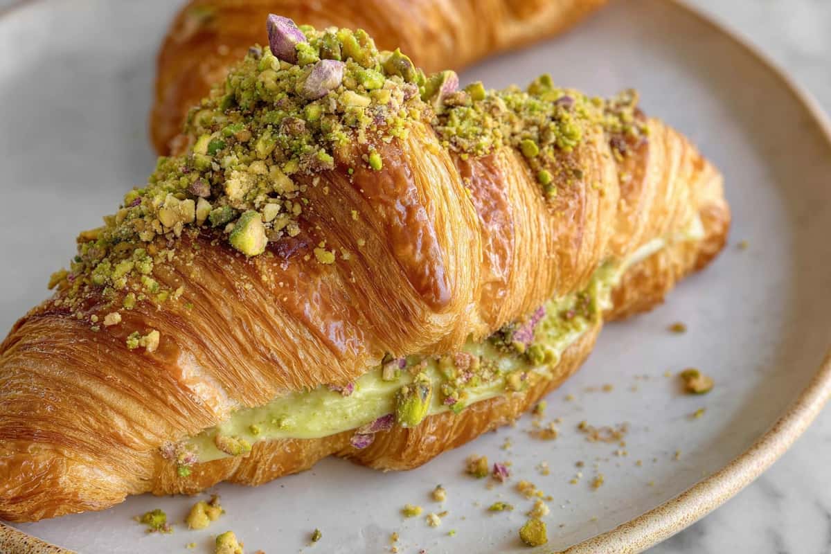 Flaky croissant filled with pistachio cream and topped with crushed pistachios on a white plate