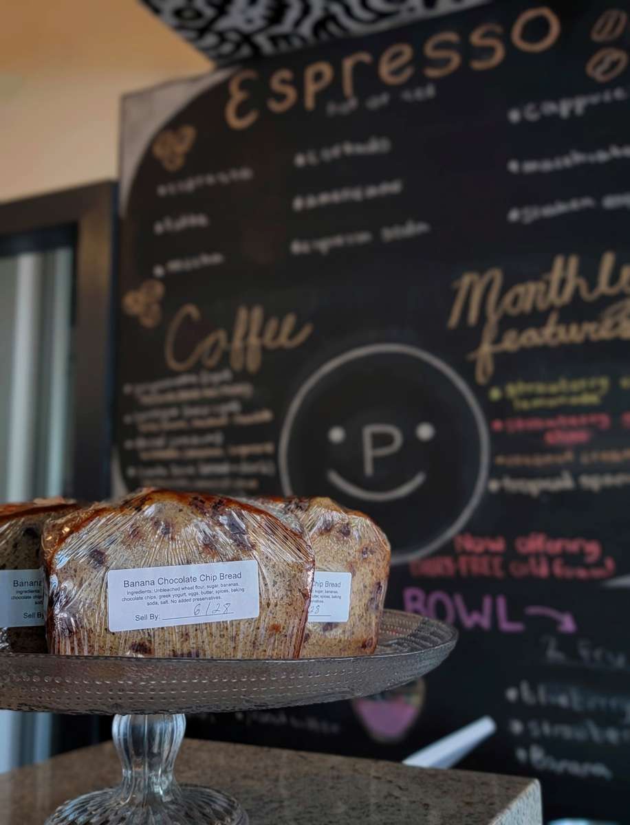 banana bread and menu at the back
