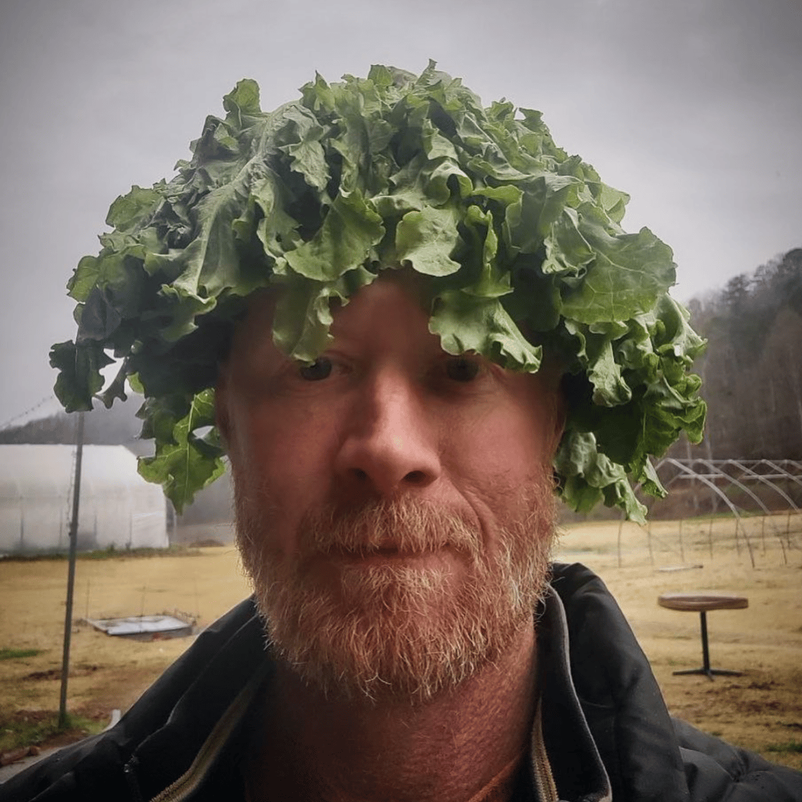 person with lettuce on head
