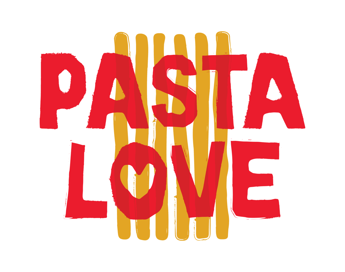 Bold "Pasta Love" text over stylized pasta strands in a vibrant red and yellow graphic design