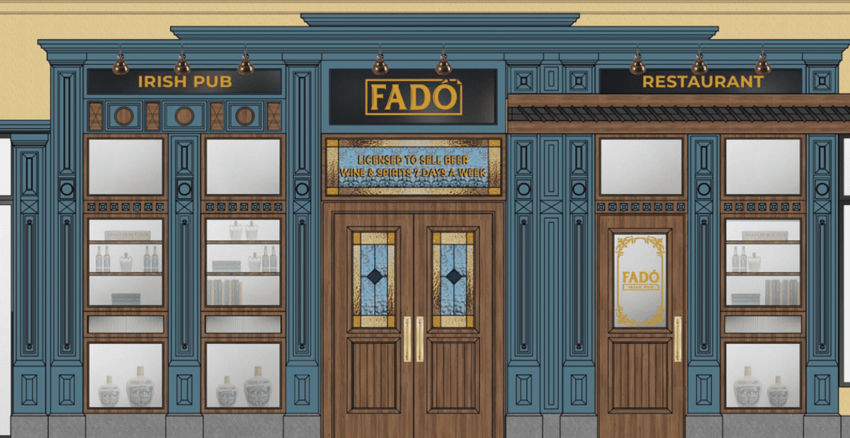 Architectural rendering of the Fadó Irish Pub shopfront coming to Medley in Johns Creek, Georgia