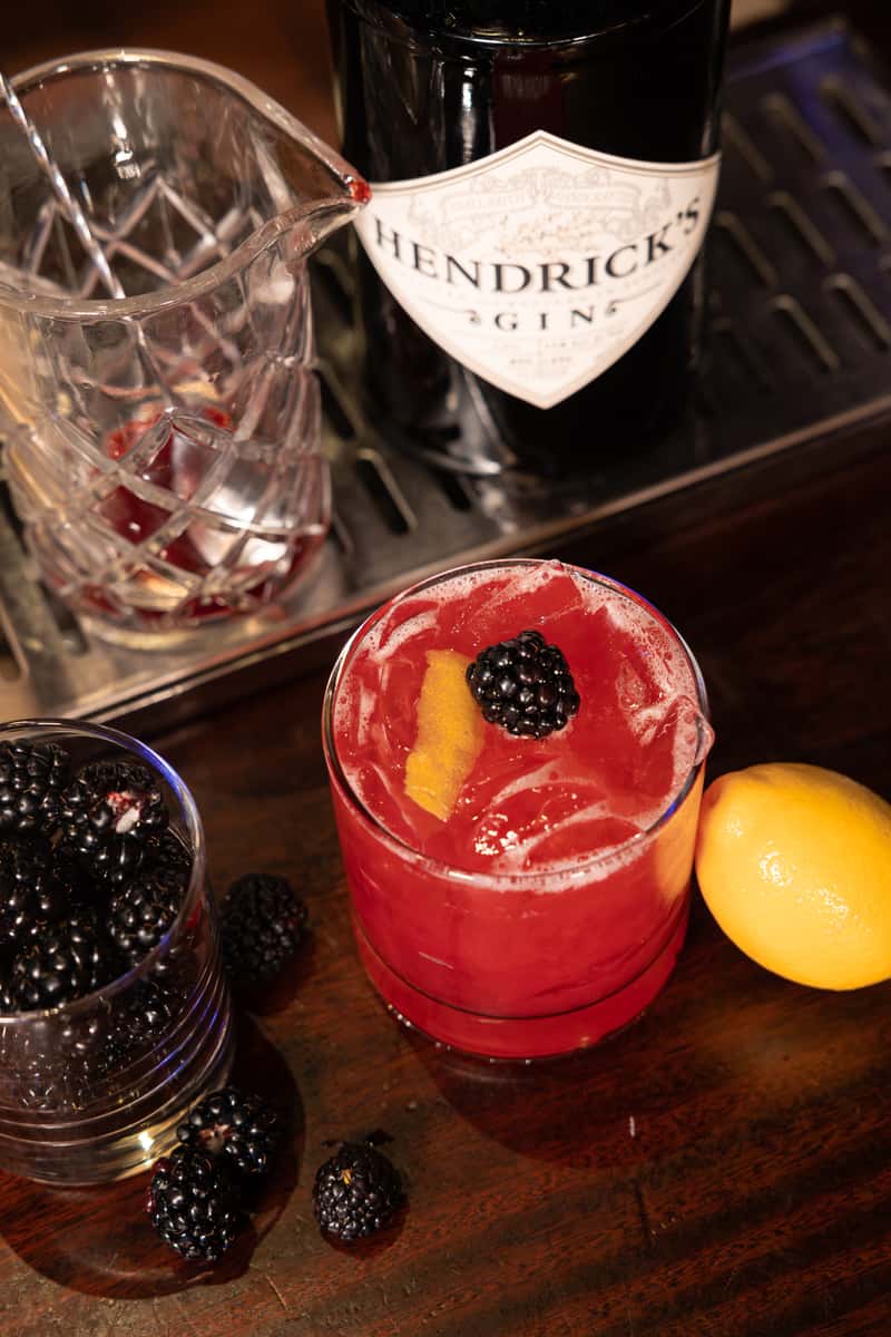 blackberry bramble cocktail with fresh blackberries and orange spiral