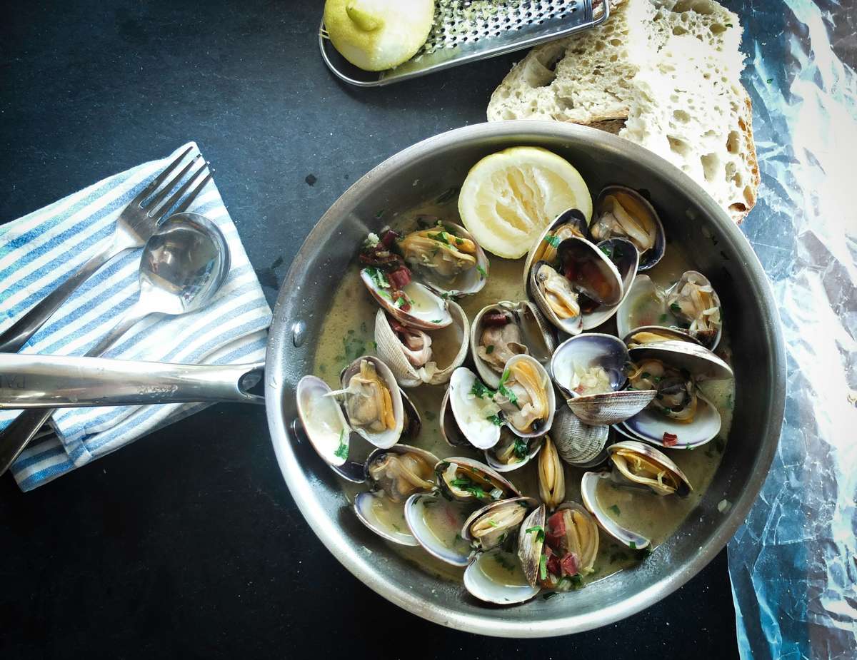 skillet with seafood