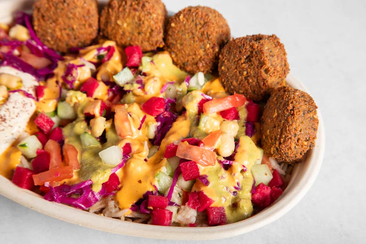 Close up of Falafel rice bowl