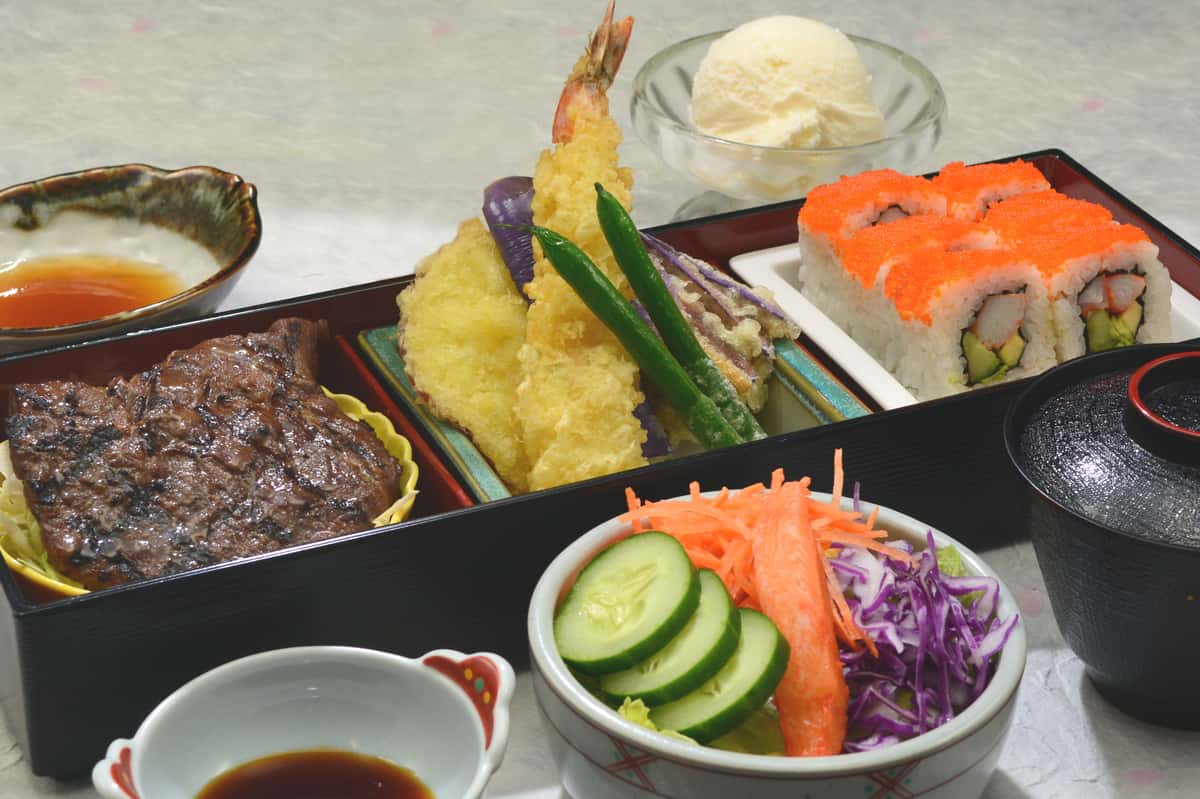 Set menu featuring teri short rib option. Menu comes with shrimp & vegetable tenpura, california sushi, salad, miso soup, and vanilla ice cream.