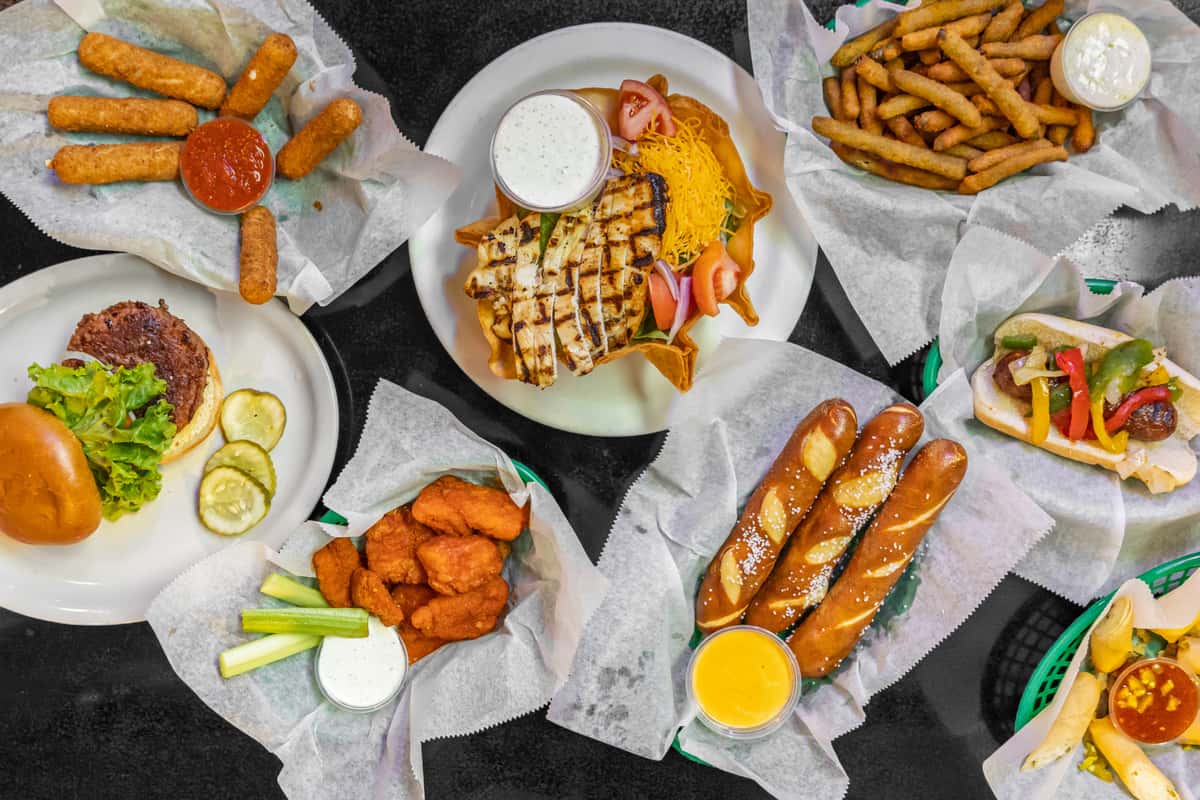Variety of american style pub appetizers and entrees