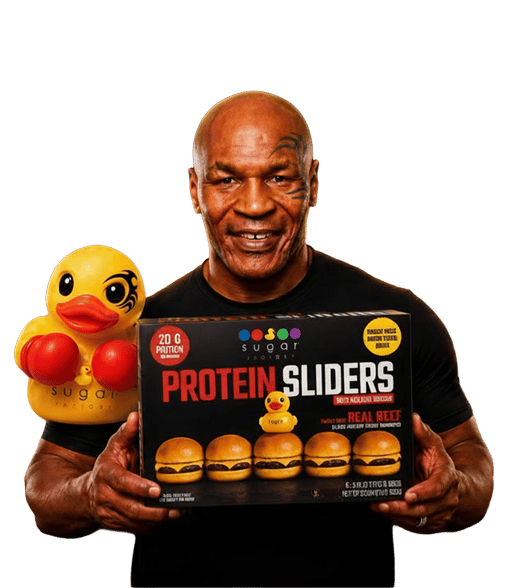 Mike Tyson holding a box of Protein Sliders