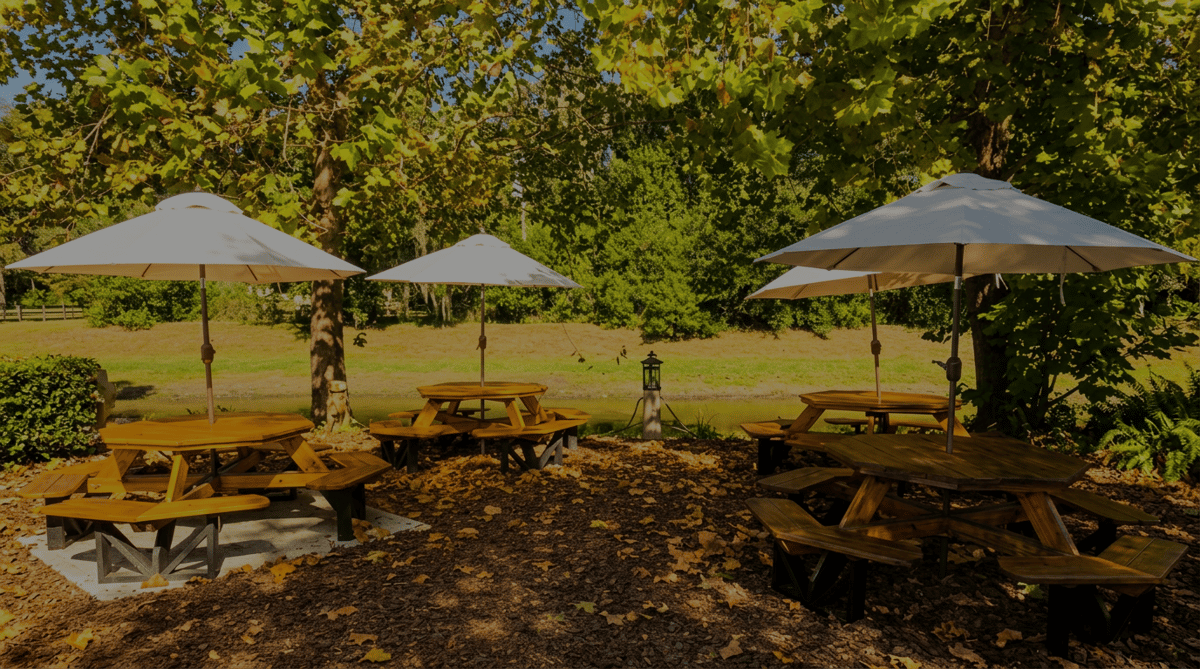 Shaded outdoor picnic seating at Burrito Famous featuring umbrella-covered tables surrounded by trees, creating a relaxed, family-friendly setting for enjoying fresh Mexican-inspired meals.