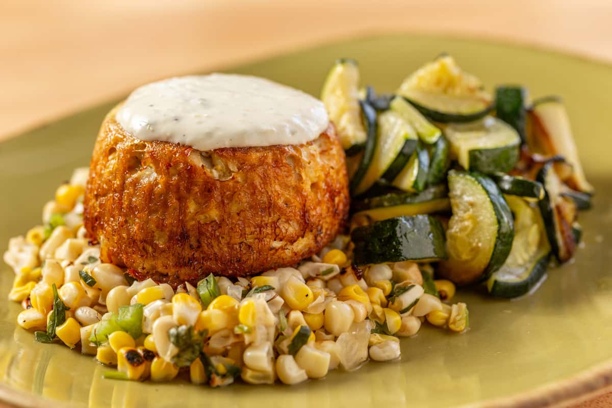 Gluten Friendly Crabcake, with corn salsa and zuchinni