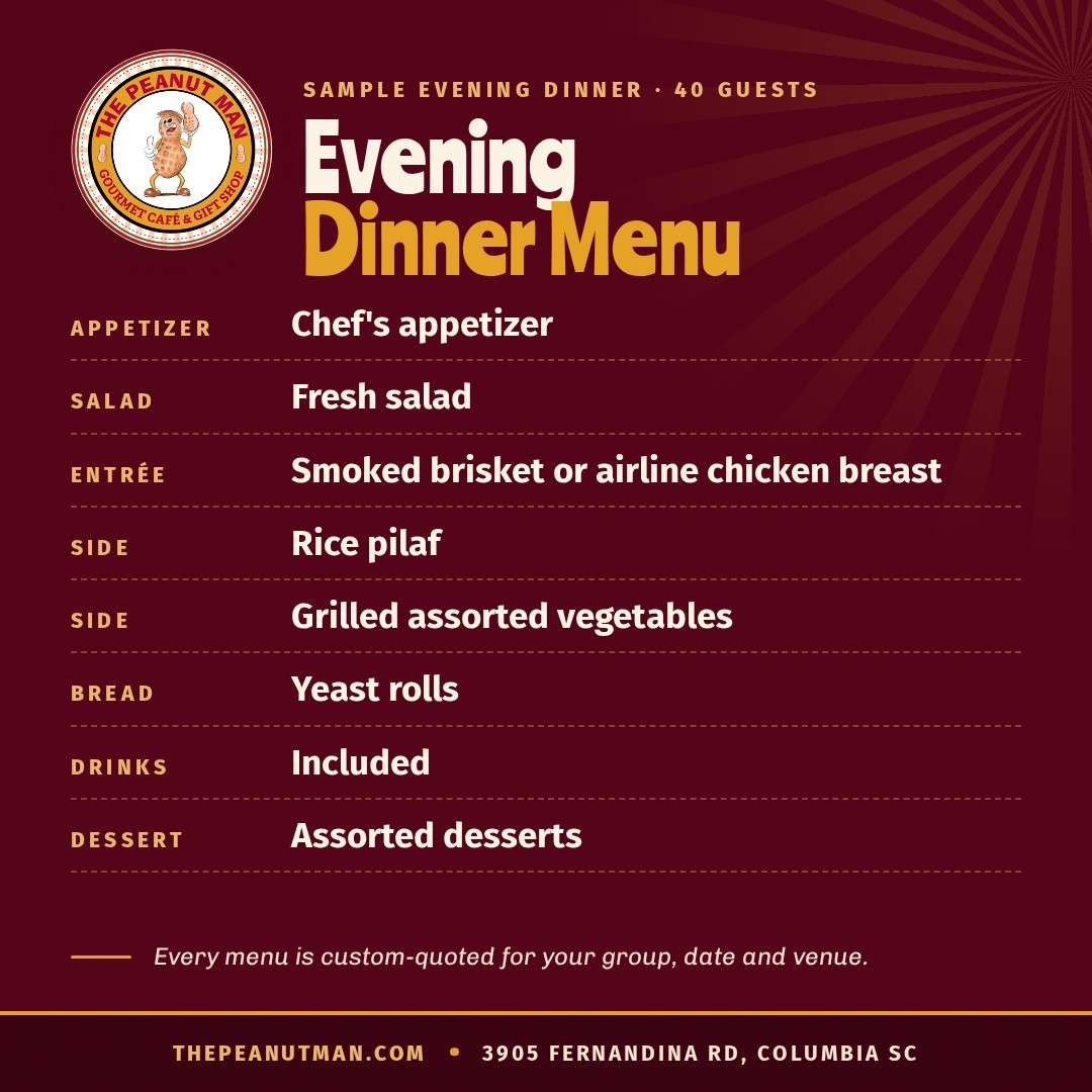 Sample evening dinner menu: smoked brisket or airline chicken, salad, rice pilaf, grilled vegetables, yeast rolls, dessert