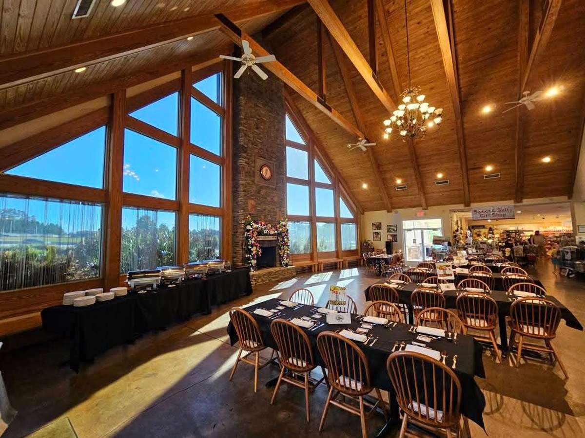 The Peanut Man café dining room set for an event, with a buffet line