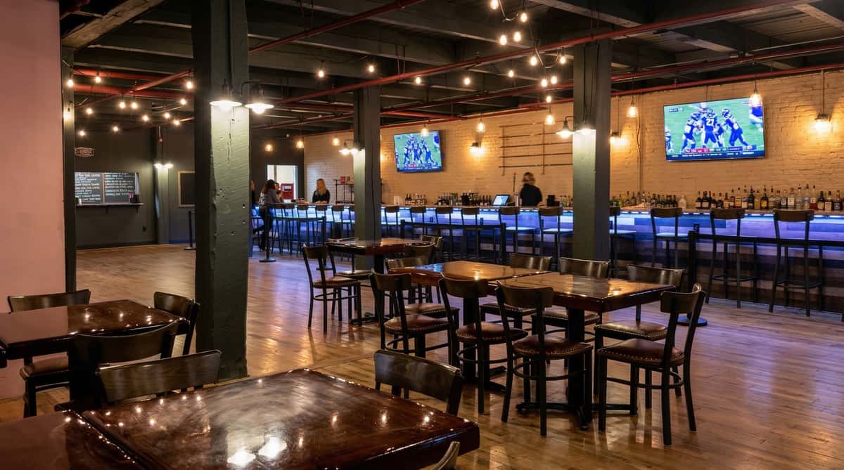Interior of a large restaurant or beer hall with tables, chairs, and TVs on the walls