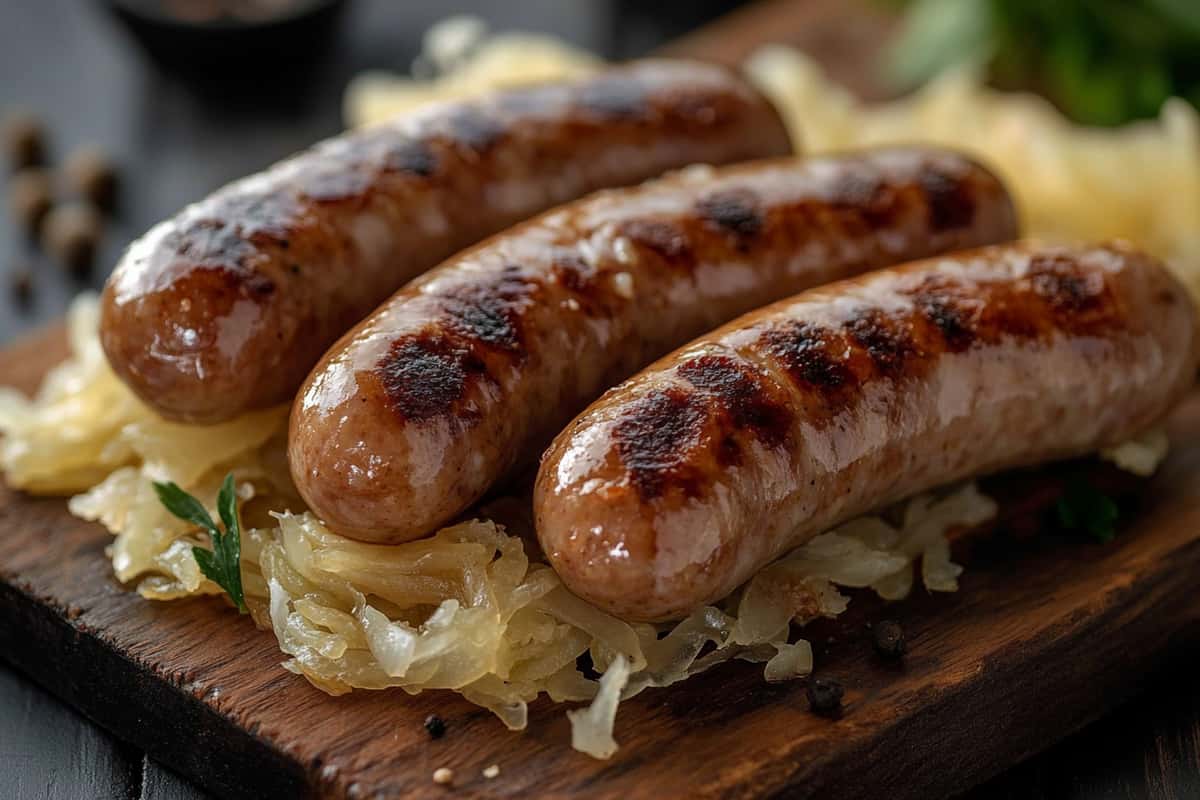 Grilled bratwurst sausages served with sauerkraut on a rustic wooden plate