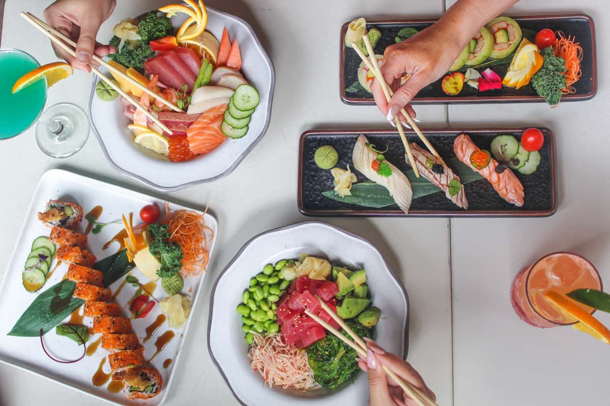 various sushi dishes on a table