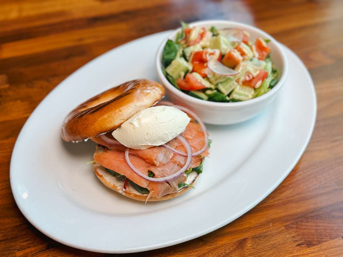 Smoked Salmon on Toasted Bagel at The Oxford Kitchen & Gastropub in Lodi California