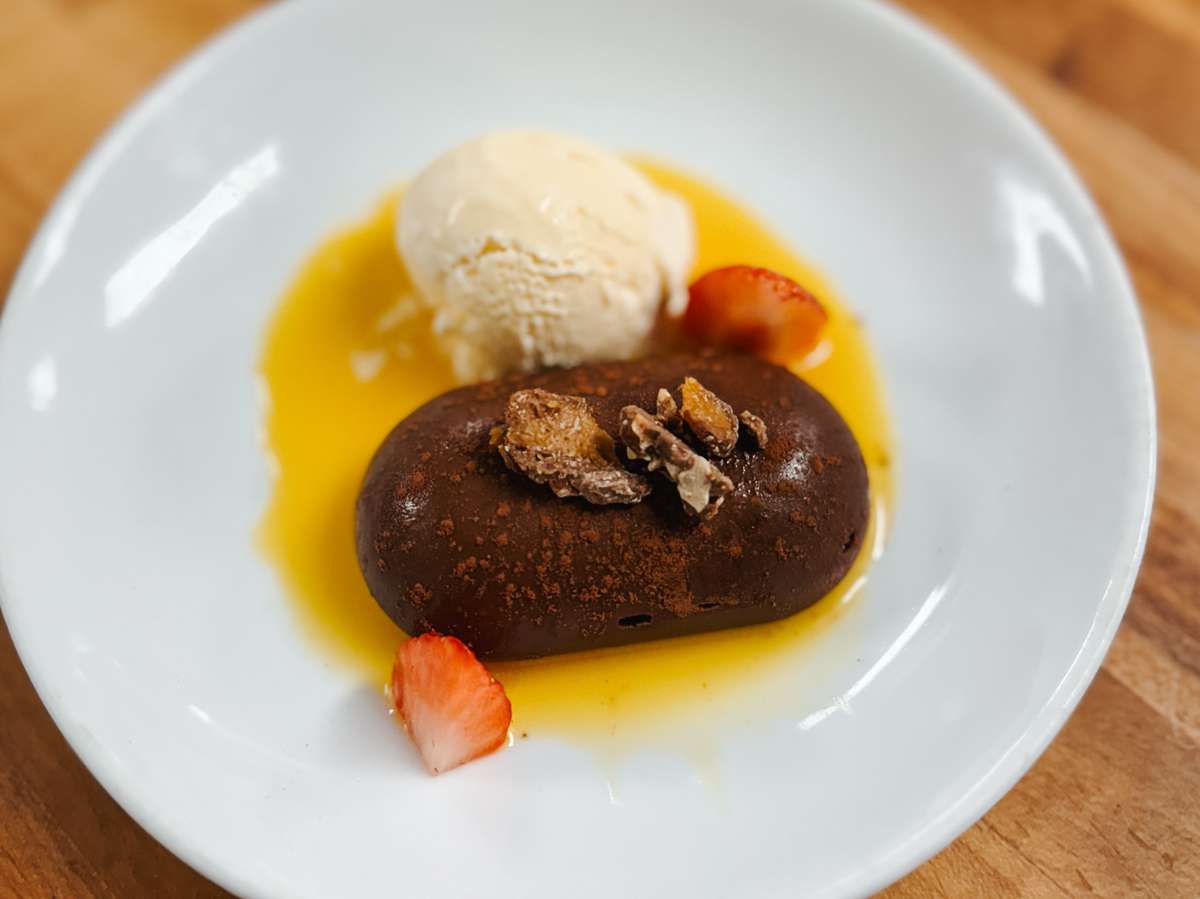 Dark Chocolate Oblong with Mango-Passion Fruit at The Oxford Kitchen & Gastropub in Lodi California