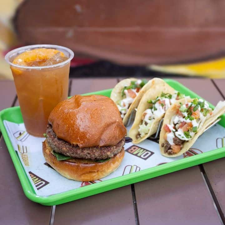 burger, tacos, and beverage