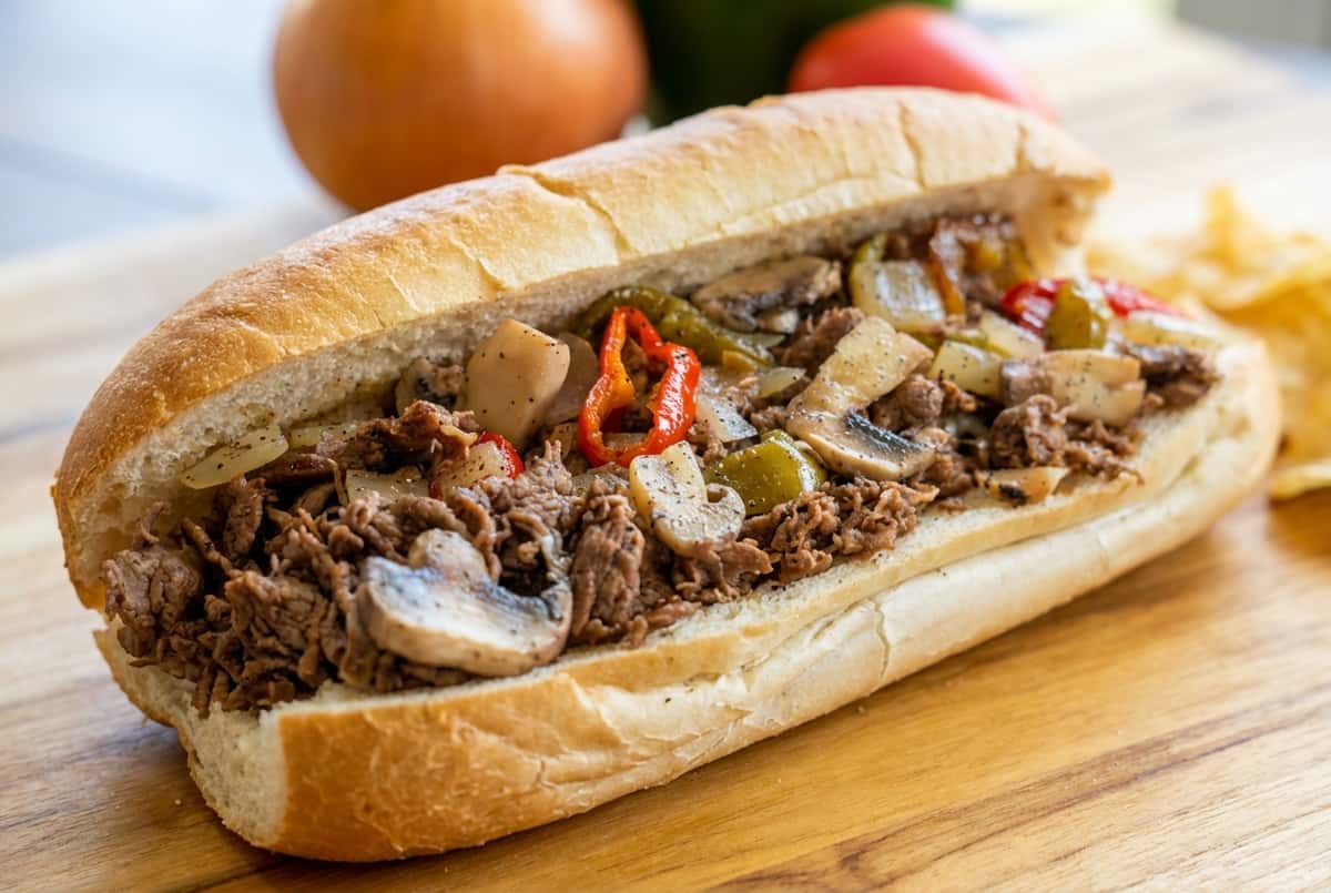 Cheesesteak sub on a toasted roll, filled with sliced steak, sautéed onions, melted cheese, and red pepper slices.