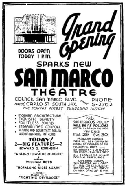 1938 newspaper ad for the grand opening of the Sparks' new San Marco Theatre, doors open today at 1 p.m.