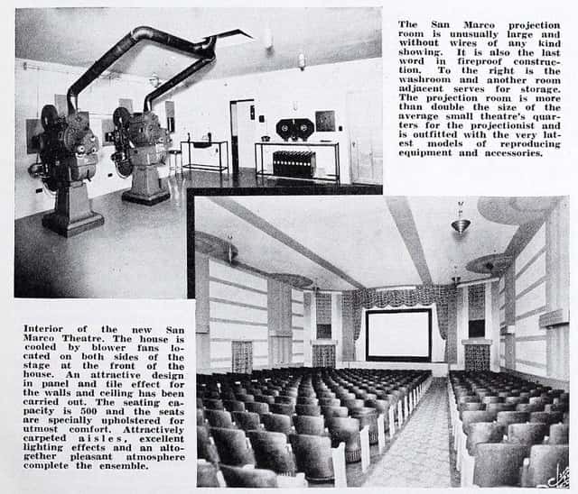 Black and white photos of the new San Marco Theatre auditorium, with rows of seats facing the screen, and the projection room