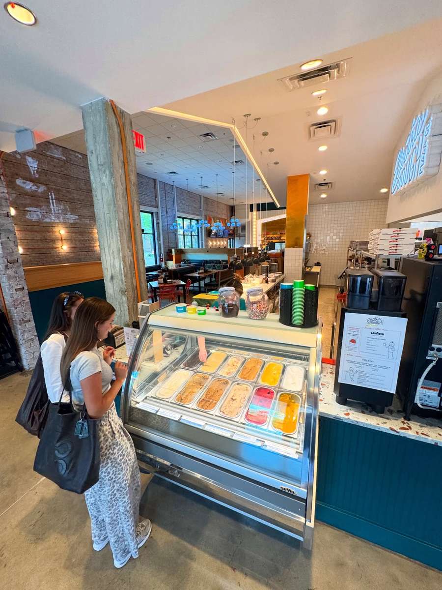 The gelato case at Electric Dough Pizza Co. in San Marco, Jacksonville, filled with twelve pans of Villa Dolce artisan gelato and sorbetto.