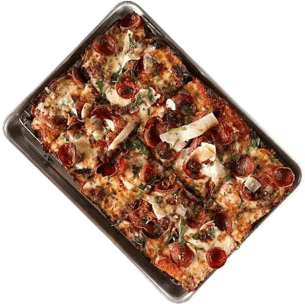 Pepperoni pan pizza on a steel tray