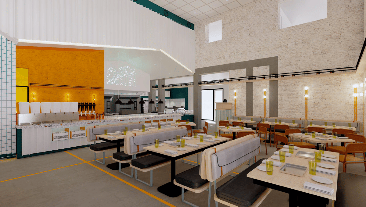 Rendering of the dining room for Electric Dough Pizza Co. in historic San Marco, Jacksonville, FL