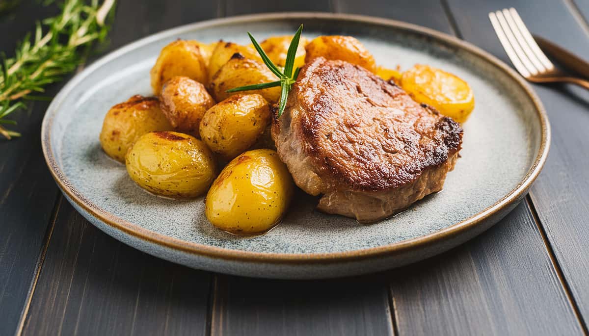 Grilled pork chop served with roasted baby potatoes on a plate.