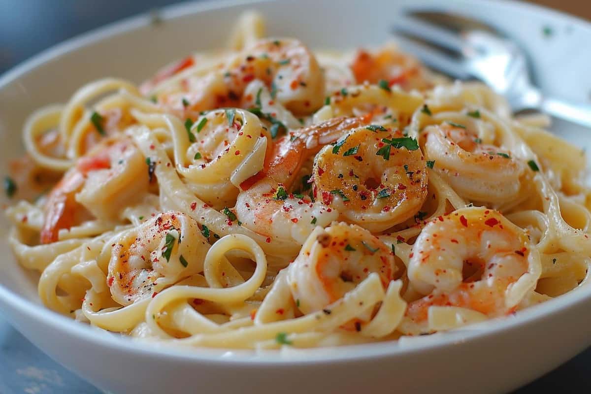 Shrimp fettuccine pasta topped with herbs in a white bowl.