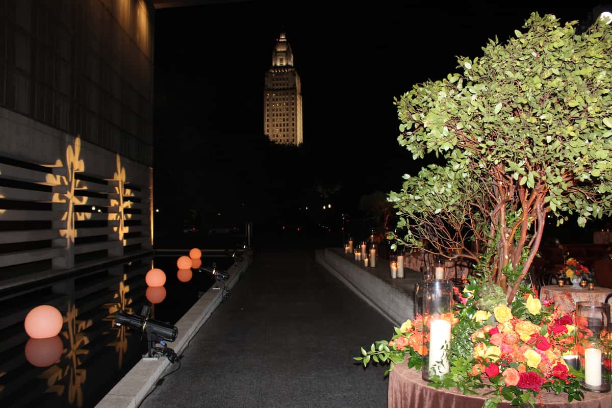 An evening wedding at a venue outdoors
