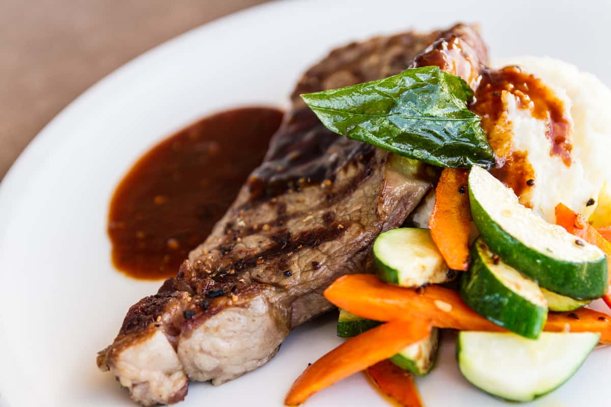 New York Strip with mashed potatoes and vegetables
