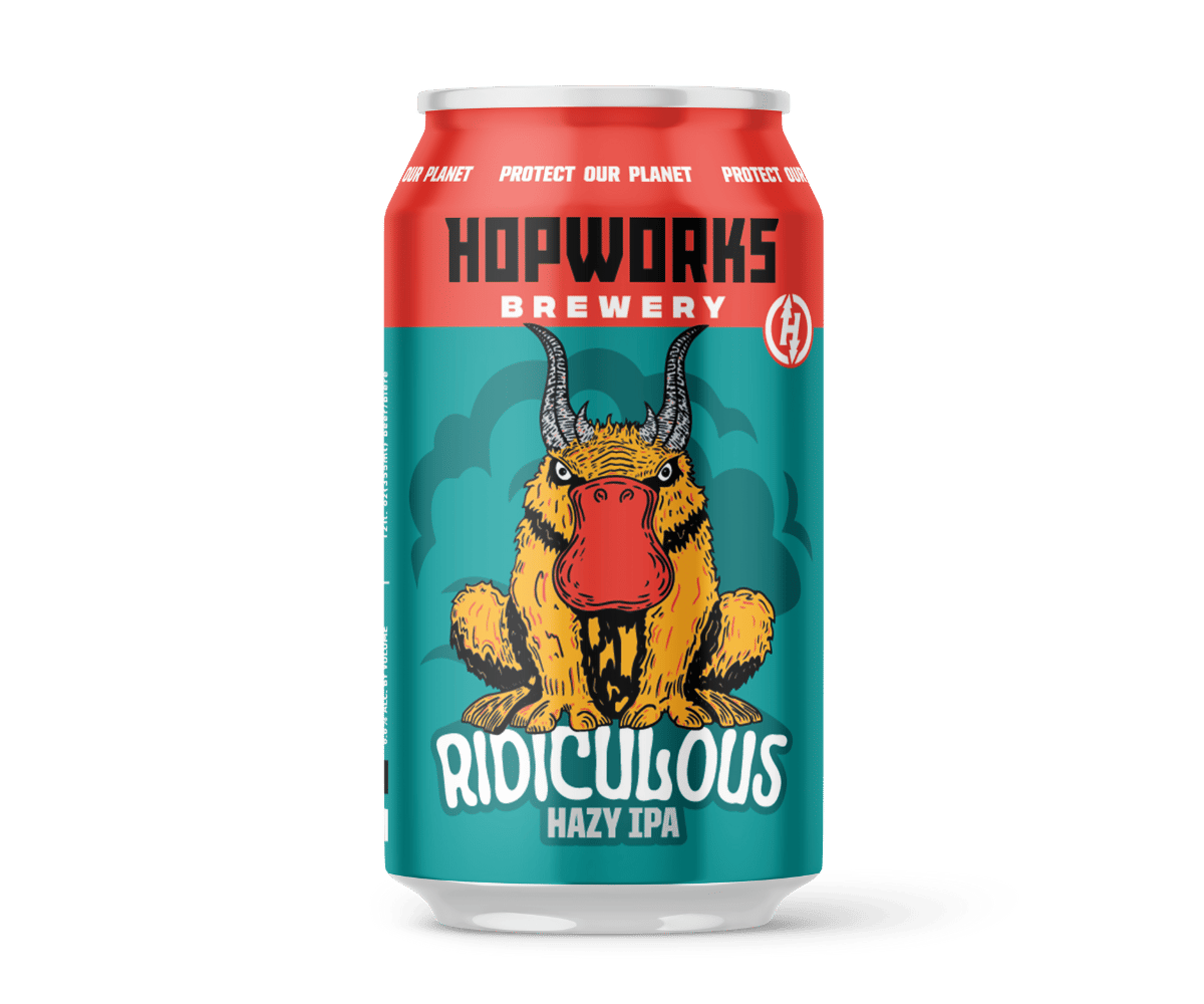 12oz can with a ridiculous beast on it that looks like a platypus with horns?