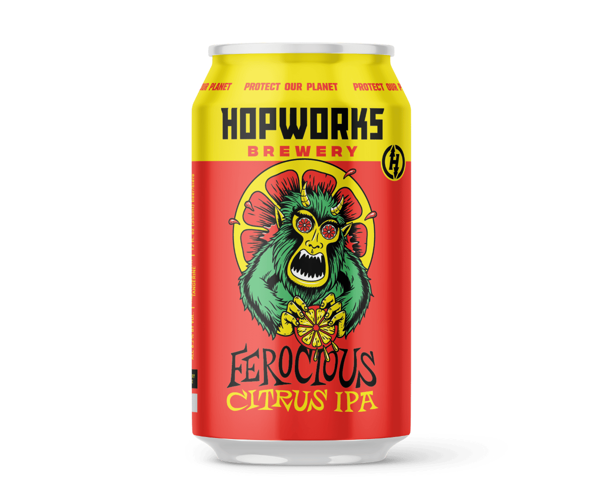 red and yellow beer can with a sick green monkey/goat guy that has a big citrus slice behind him.