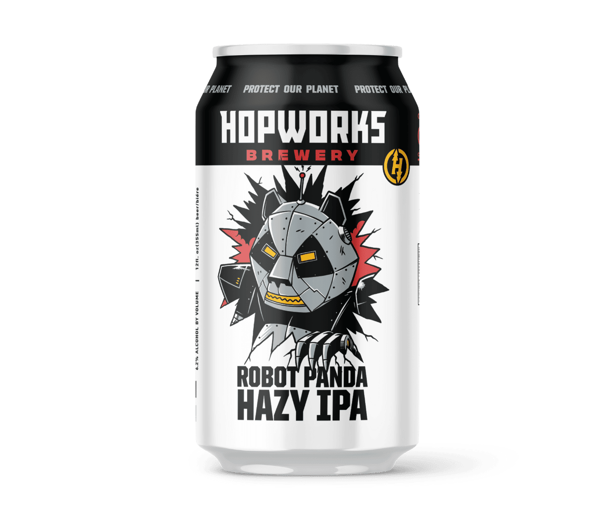 A digital render of 1 12oz can of Robot Panda hazy IPA