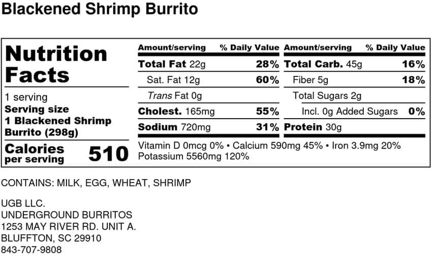 Blackened Shrimp Burrito Nutritional Information