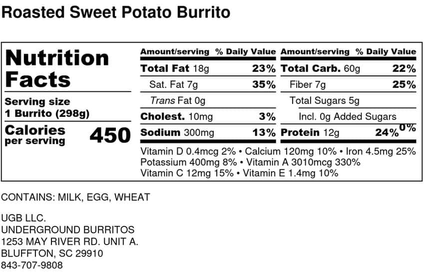 Roasted Sweet Potato Burrito Nutritional Information