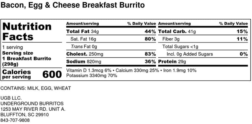 Bacon, Egg & Cheese Breakfast Burrito nutritional info