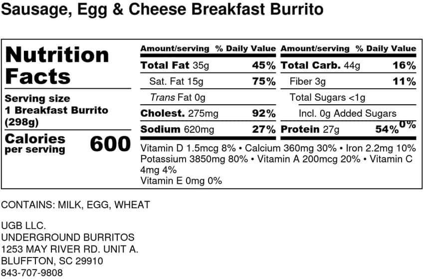 Sausage, Egg & Cheese Breakfast Burrito Nutritional Information