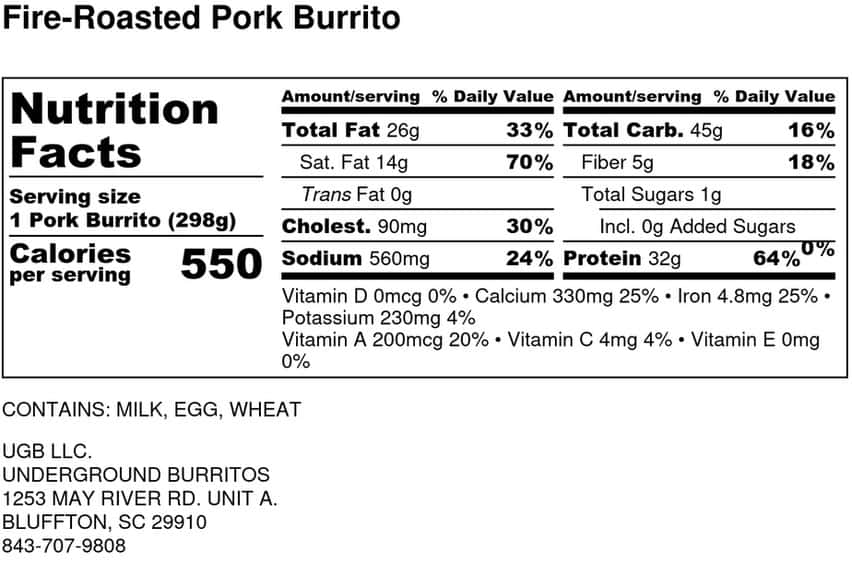 Fire-Roasted Pork Burrito Nutritional Information