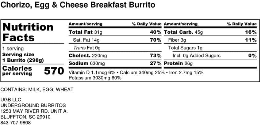 Chorizo, Egg & Cheese Breakfast Burrito nutritional info