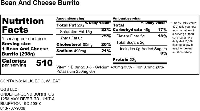 Bean & Cheese Burrito Nutritional Information