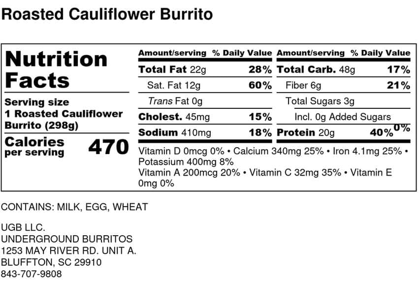 Roasted Cauliflower Burrito Nutritional Information