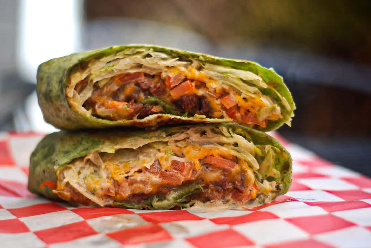 Wrap, thin sliced BBQ Tri Tip, lettuce, tomato, shredded cheese, chipotle mayo