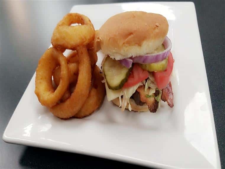 burger and onion rings