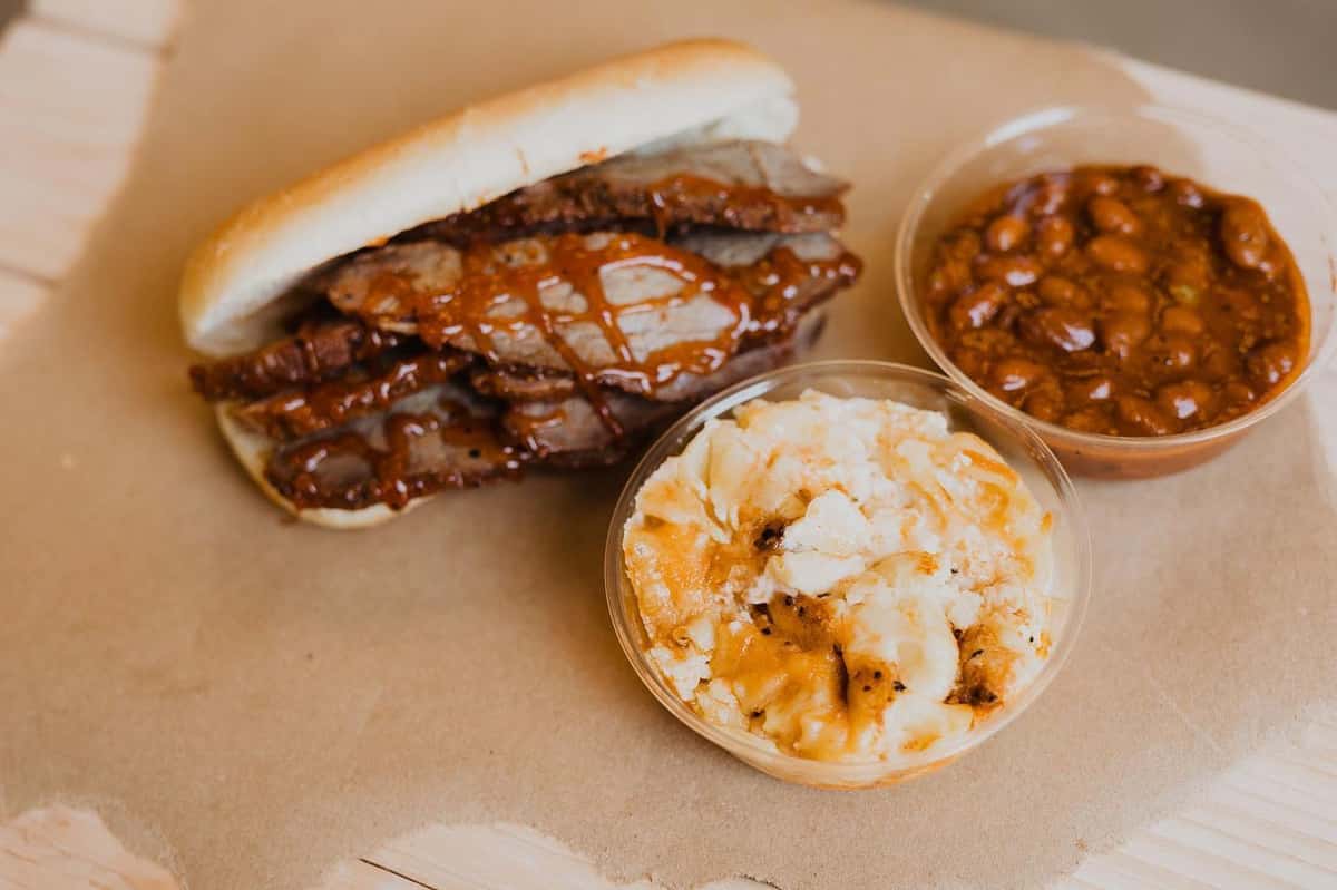 Brisket Sandwich and Mac with Beans